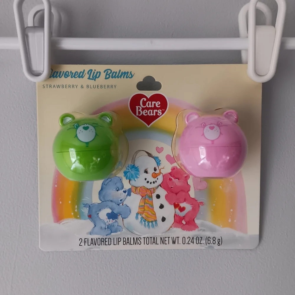 NEW Care Bears Flavored Lip Balm Two Pack Strawberry Blueberry Bear Shaped